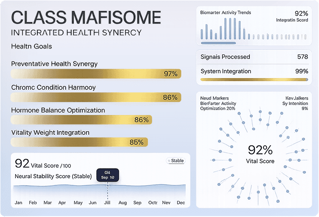 Personalized health optimization dashboard displaying biomarker trends, hormone balance metrics, vitality score, preventive wellness indicators, and integrated health analytics