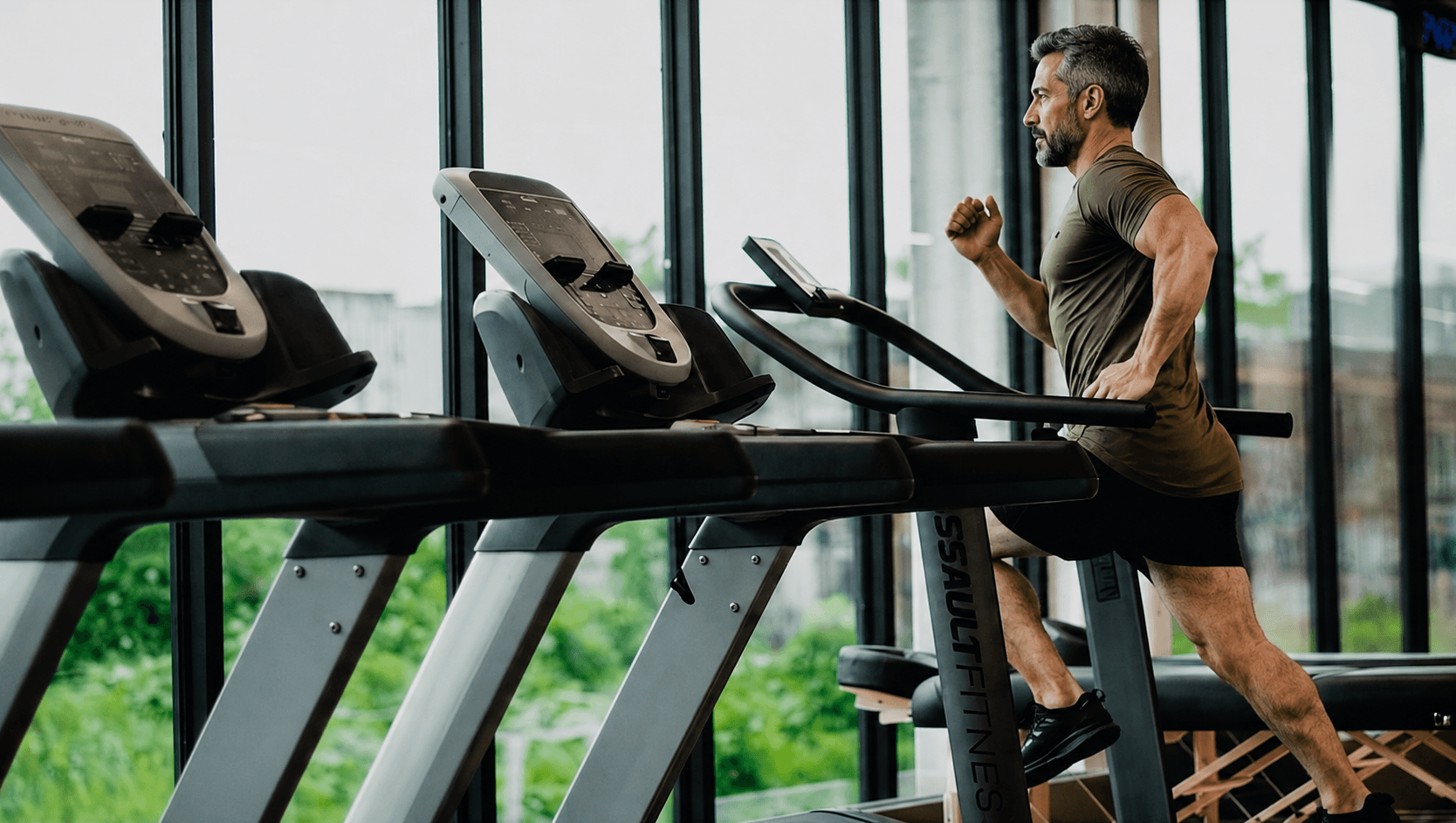 Middle-aged man running on a treadmill in a modern gym to improve cardiovascular fitness