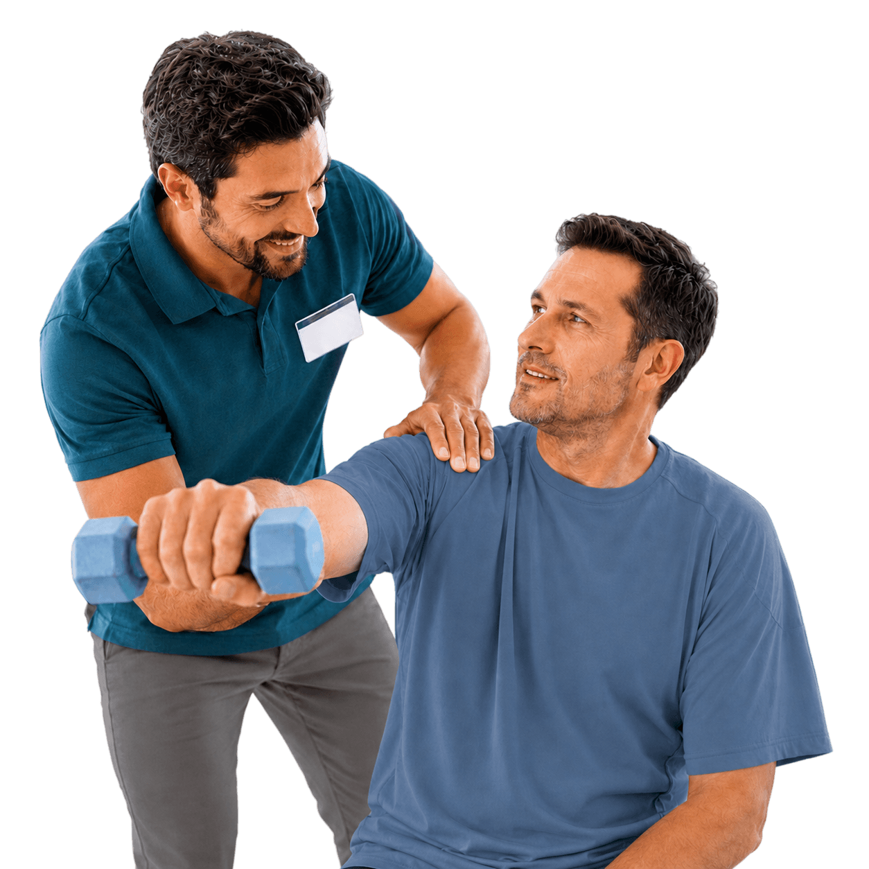 Physical therapist guiding a middle-aged man through a dumbbell rehabilitation exercise to improve strength, mobility, recovery, and overall physical wellness