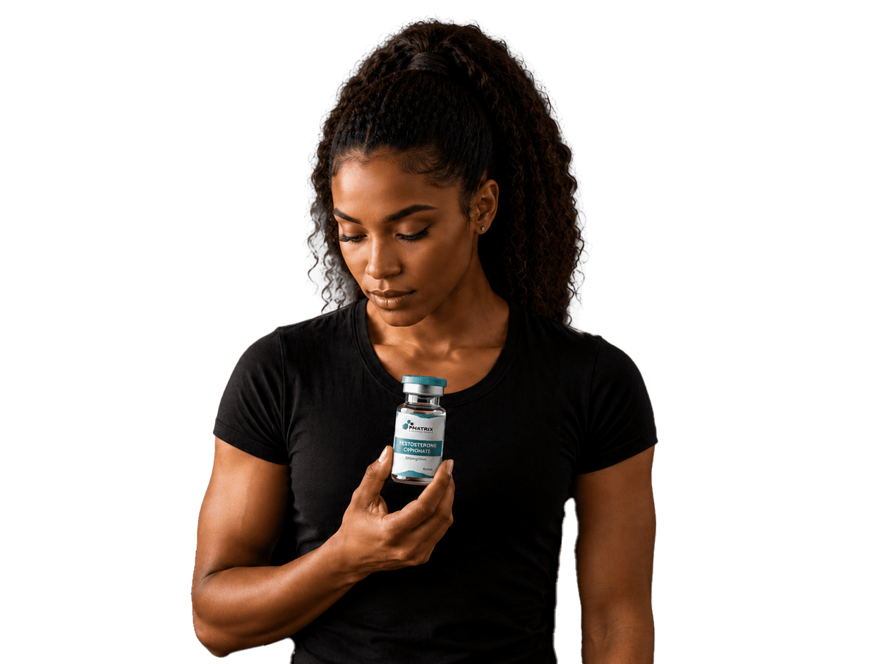 Athletic woman holding a wellness supplement vial, representing strength, fitness, hormone optimization, performance, and healthy lifestyle goals