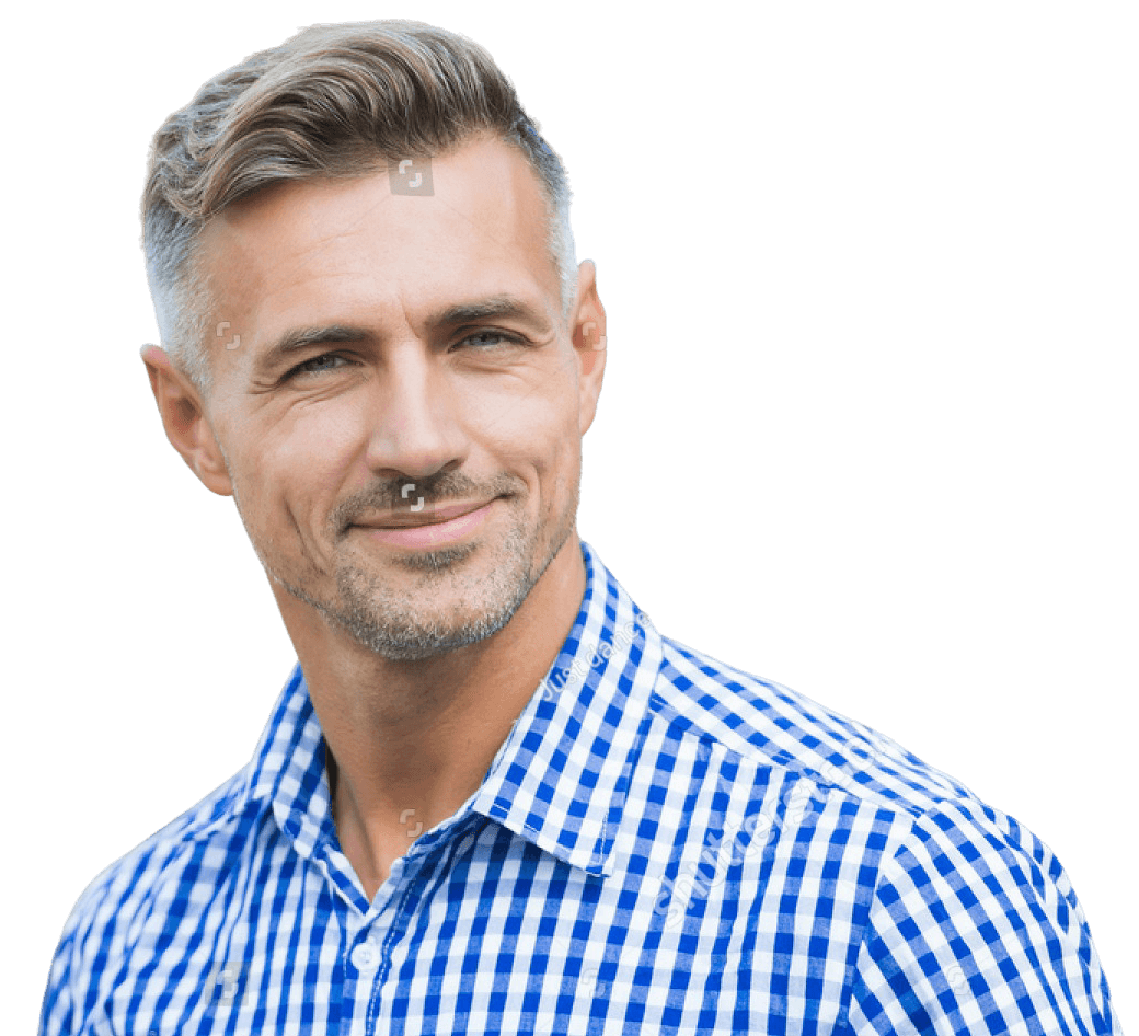 Confident middle-aged man with salt-and-pepper hair wearing a blue checkered shirt, representing men's health, vitality, confidence, and healthy aging