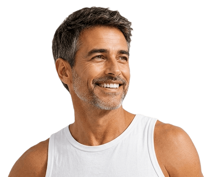 Smiling middle-aged man with salt-and-pepper hair and beard, representing healthy aging, vitality, confidence, men's wellness, and longevity