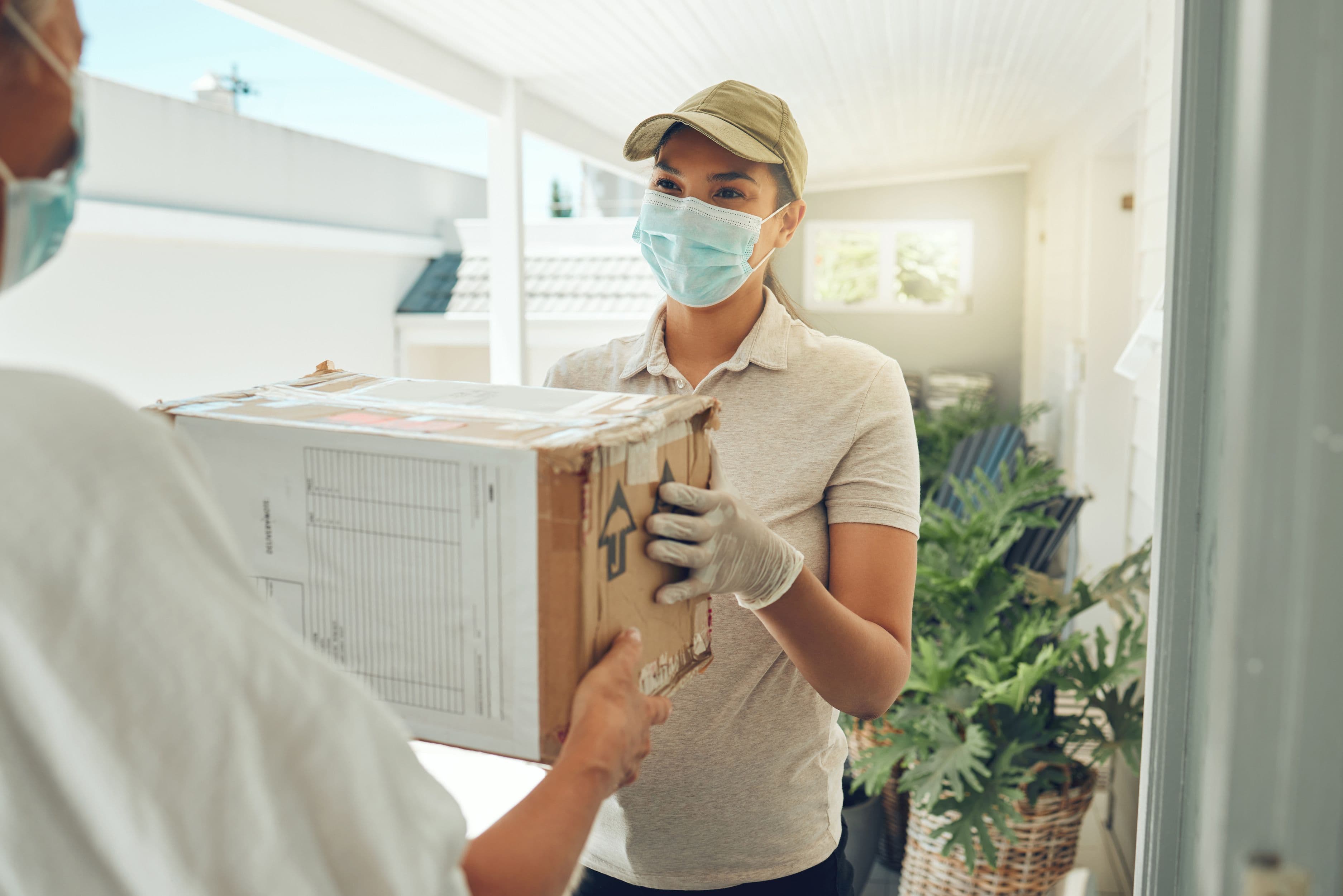 Healthcare package delivery at a patient's doorstep, featuring contactless medication fulfillment, home healthcare services, and convenient prescription delivery