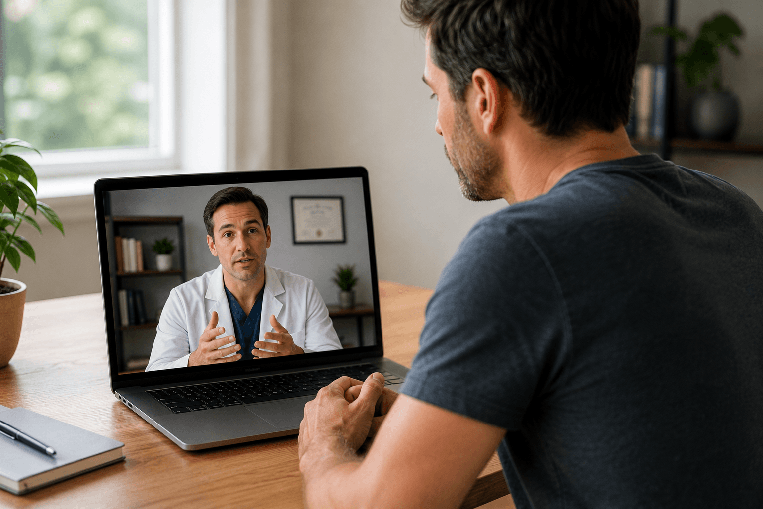 Patient participating in a virtual healthcare consultation with a doctor via laptop