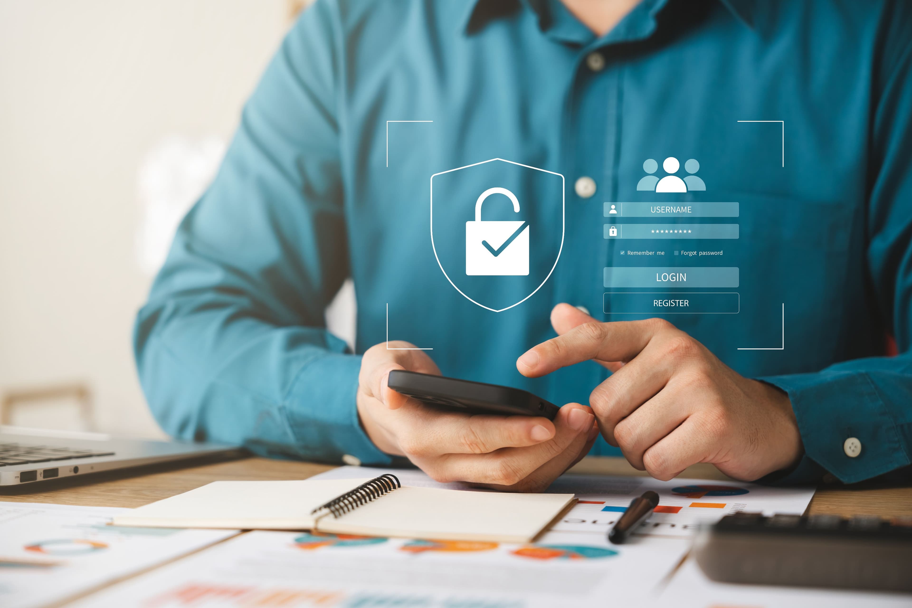Secure patient portal login displayed on smartphone with healthcare data protection, account access, and digital health management interface